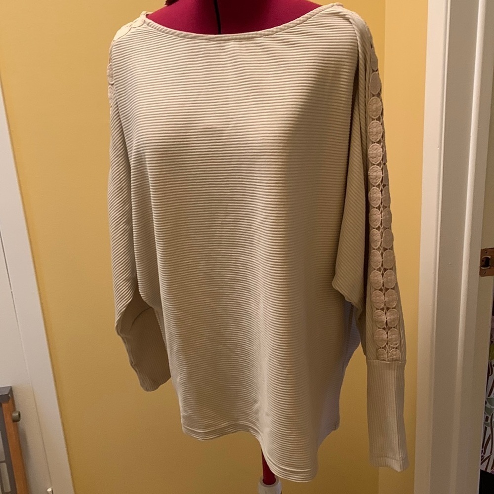 NORACORA Beige Ribbed Knit Batwing Sweater Lace Sleeve Detail Deep Cuff Boatneck - Picture 3 of 15